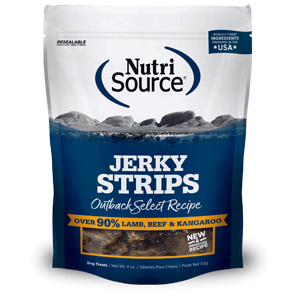 NutriSource Outback Select Jerky Strips Dog Treats 4oz nutrisource, nutri source, jerky, outback select, dog treats, strips