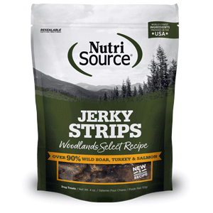 NutriSource Woodlands Select Jerky Strips Dog Treats 4oz nutrisource, nutri source, jerky, woodlands select, dog treats, strips